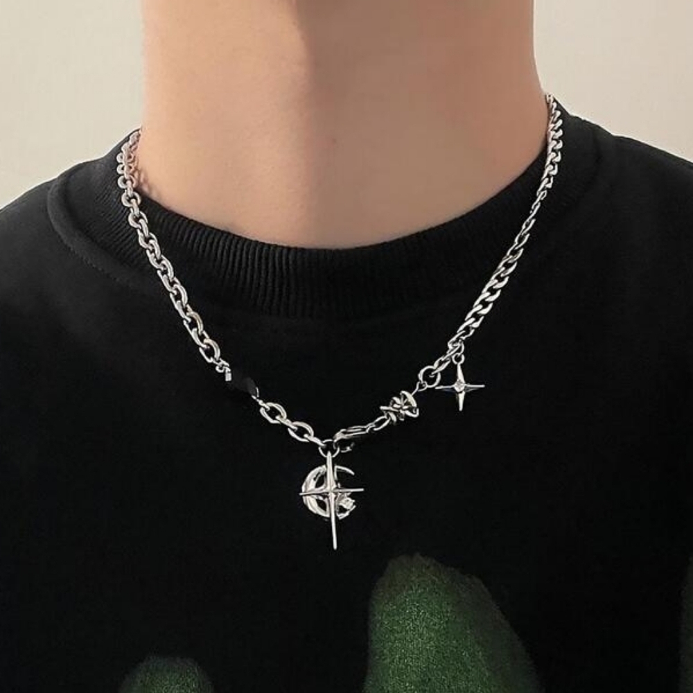 Moon & Star Pendant Necklace Unisex Silver Stainless Steel - Picture 9 of 9